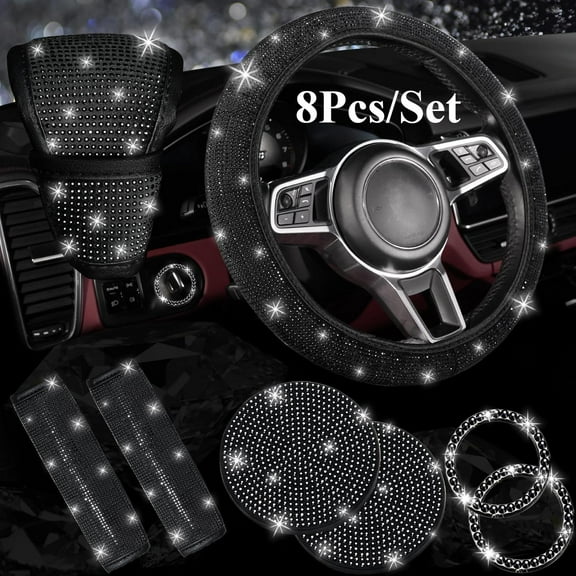 8 pcs Bling Car Accessories Set for Women, Steering Wheel Cover, Sparkly Seat Belt Covers, Bling Gear Shift Cover, Universal Fit Most Cars (Black Diamond)