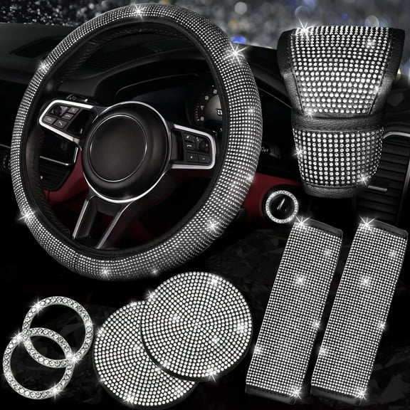 8 pcs Bling Car Accessories Set for Women, Steering Wheel Cover, Sparkly Seat Belt Covers, Bling Gear Shift Cover, Universal Fit Most Cars (Silver Diamond)
