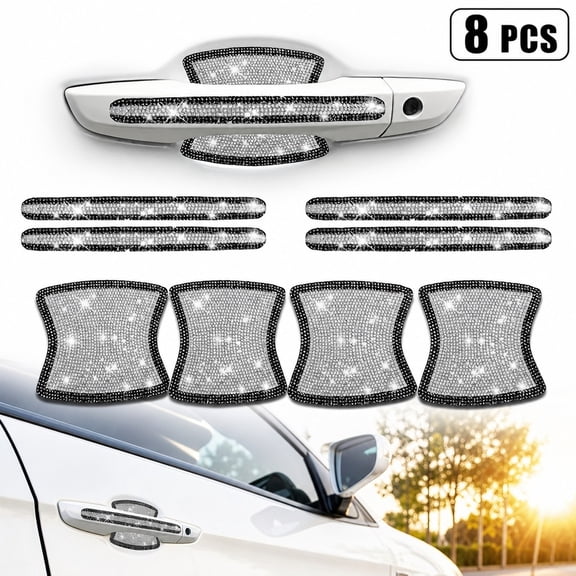 8 pcs Bling Diamond Car Door Handle Stickers, Bling Car Accessories for Women, Universal Rhinestone Crystal Glitter Door Handle Protector Stickers and Decals, Scratch Safety Reflective (Silver+black)