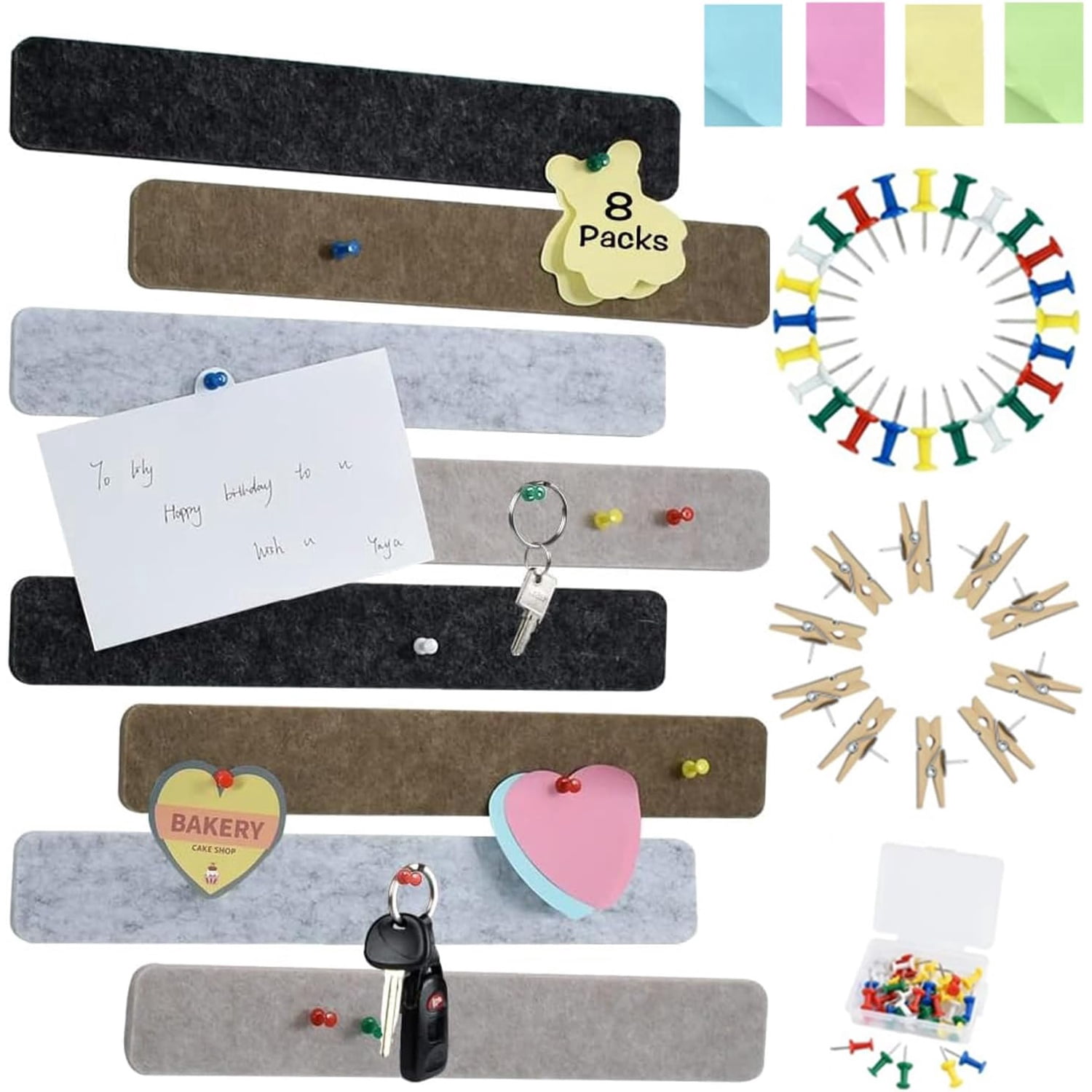 8 pcs Bulletin Board Bar Strips with 50 Pushpins & 10 Wooden Clip pins，Self Adhesive Cork Board for Wall，Felt Pin Board for School，Office Decor(Black Brown Gray)