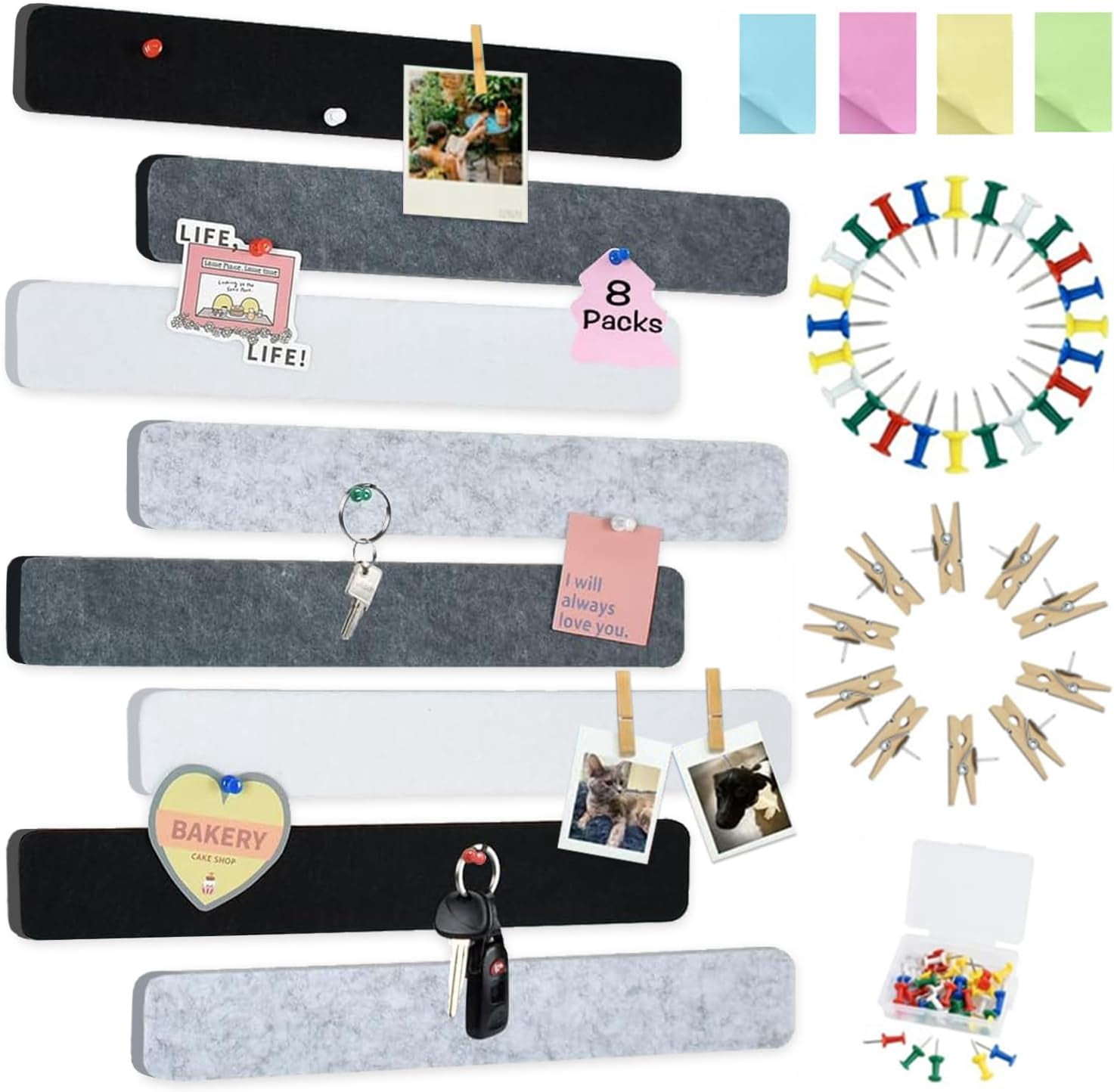 8 pcs Bulletin Board Bar Strips with 50 Pushpins & 10 Wooden Clip pins，Self Adhesive Cork for Wall，Felt Pin School，Office Decor（Black White Grey）