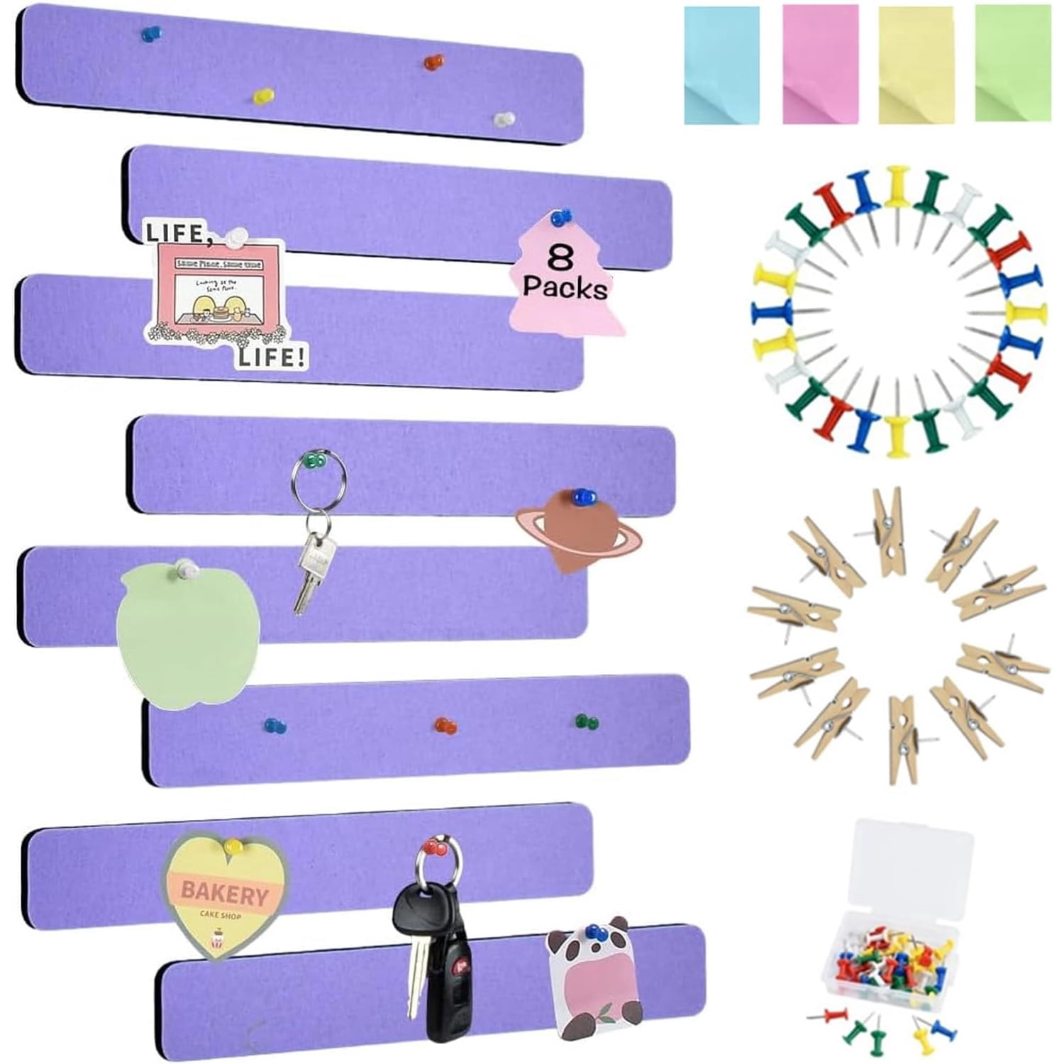 8 pcs Bulletin Board Bar Strips with 50 Pushpins & 10 Wooden Clip pins，Self Adhesive Cork Board for Wall，Felt Pin Board for School，Office Decor(Medium Purple)