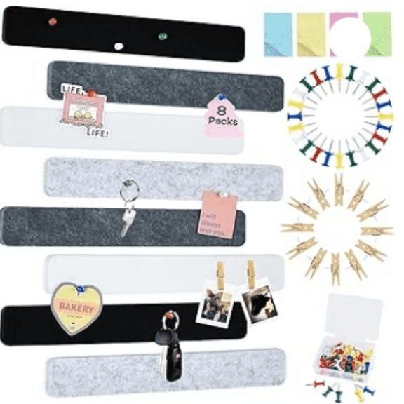 8 pcs Bulletin Board Bar Sts with 50 Pushpins & 10 Wooden Clip pinsSelf Adhesive Cork Board for WallFelt Pin Board for SchoolOffice DrBlack Grey