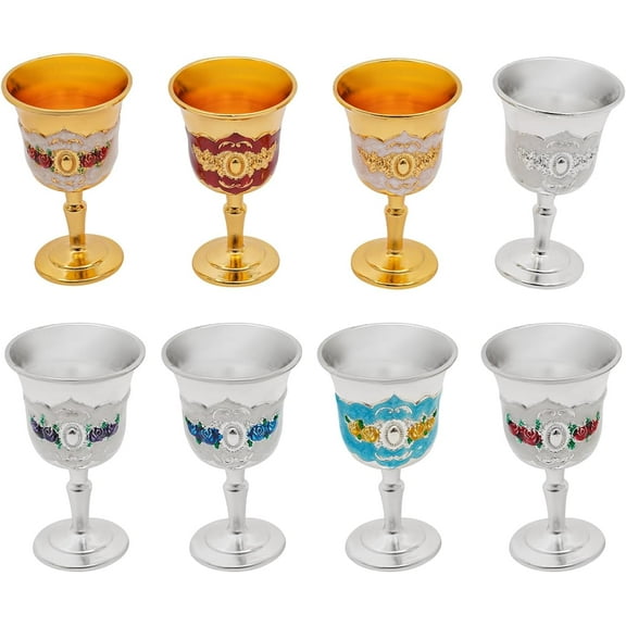 8 pcs Chalice Goblet, Vintage Mini Chalice Goblet Gold/Silver Goblet Copper Wine Goblet Small Chalice Cup Medieval Wine Glasses Zinc Alloy Flower Embossed Shot Glasses