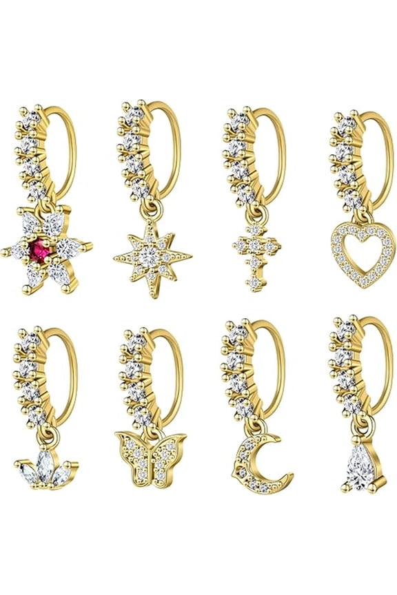 8 pcs Dangle Nose Rings Hoop for Women Septum Nose Piercing Jewelry Cartilage Earring CZ Flower Leaf Star Butterfly Daith Tragus Helix Lip Piercing, Silver Gold Rose Gold