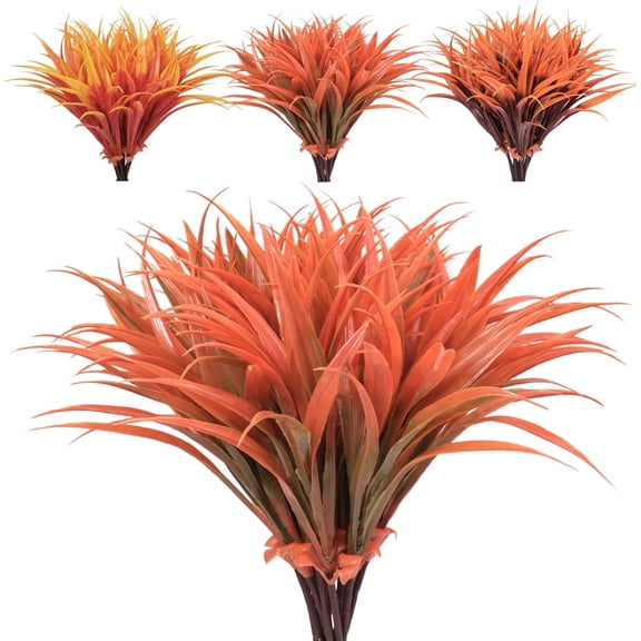8 pcs Fall Artificial Flowers for Decoration, Fake Artificial Tall Grass Plants for Outdoors, Orange Faux Tropical Greenery Autumn Front Porch Patio Garden Outside Plastic Shrubs Bushes