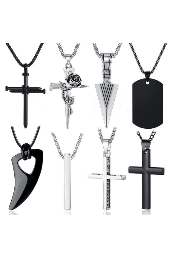 8 pcs Necklace for Men, Mens Necklaces Jewelry Set, Black and Silver Stainless Steel Necklace, Cross Pendant Necklace, 16-24 inches Chain