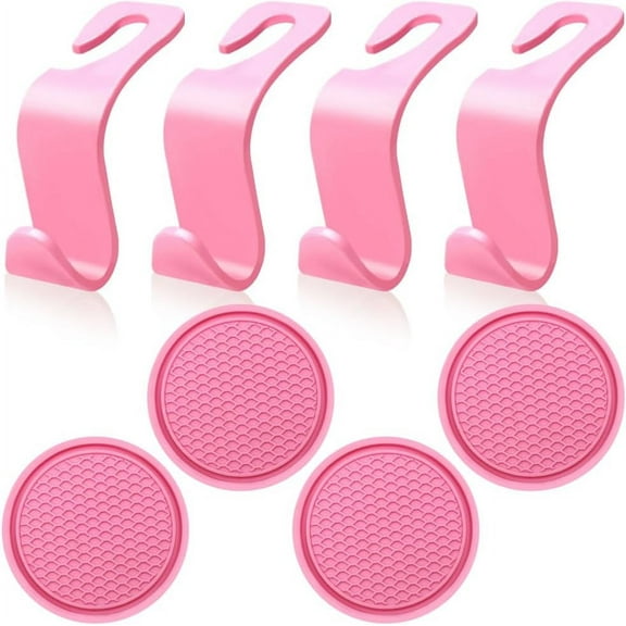 8 pcs Pink Accessories for Car, lyfLux Car Seat Accessories, 4 Each Car Seat Hooks and Car Coasters, Passenger Princess Car Accessories, Pink Accessories, for Car Interiors, Coasters and Seat Hooks