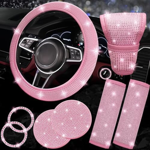 8 pcs Pink Bling Car Accessories Set for Women, Steering Wheel Cover, Sparkly Seat Belt Covers, Bling Gear Shift Cover, Universal Fit Most Cars (All Pink Diamond)