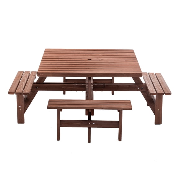 8-person outdoor wooden square picnic table with bench, brown square tableware for yard/garden/backyard, heavy-duty terrace table with umbrella hole, weather resistant