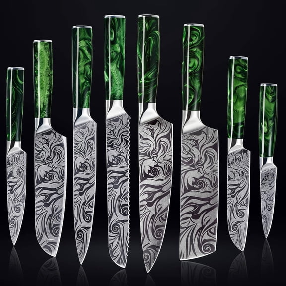8-piece Engraved Japanese Kitchen Knife Set & Beautiful Green Resin Epoxy Handles - Wasabi Collection - Chef's Knife, Bread Knife, Cleaver Knife, Paring Knife, & More