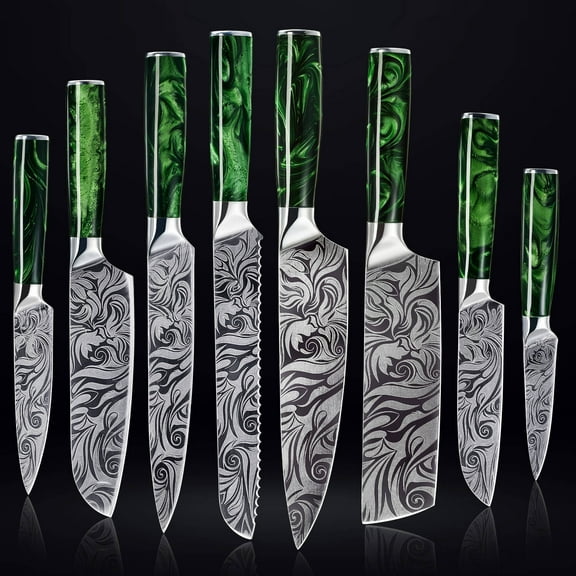 8-piece Engraved Japanese Kitchen Knife Set with - Wasabi Collection - Chef's Knife, Paring Knife, Cleaver Knife & More