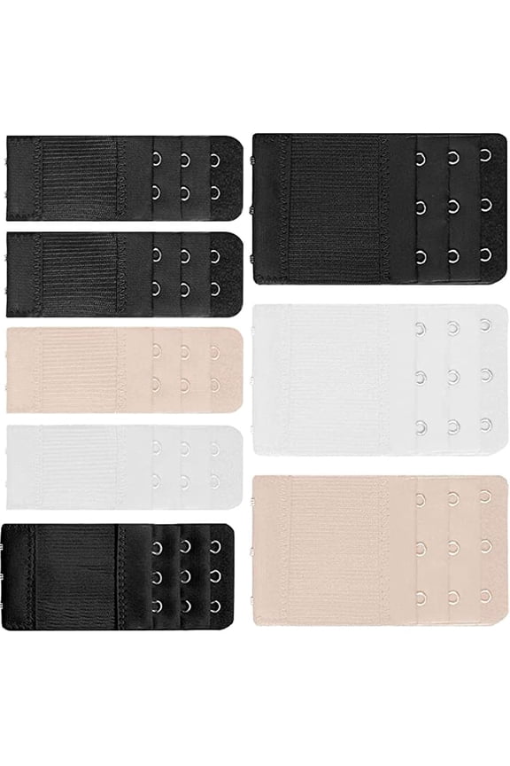 8-piece Mixed Bra Extender, Soft and Comfortable Extender, Women's Bra tie Extension Elastic Extender, 3 Rows of 3 Hooks and 2 Rows of 2 Hooks (3 Colors of Skin Tone, White, Black)