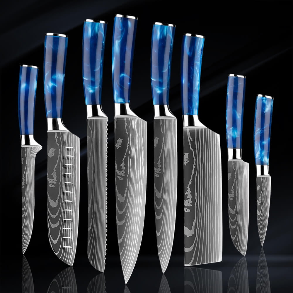 Senken Knives Senken Knives 8-Piece Japanese Kitchen Knife Set With Damascus Blade Pattern & Blue Resin Handles - Cerulean Collection Professional Chef Knife Set with Gift Box