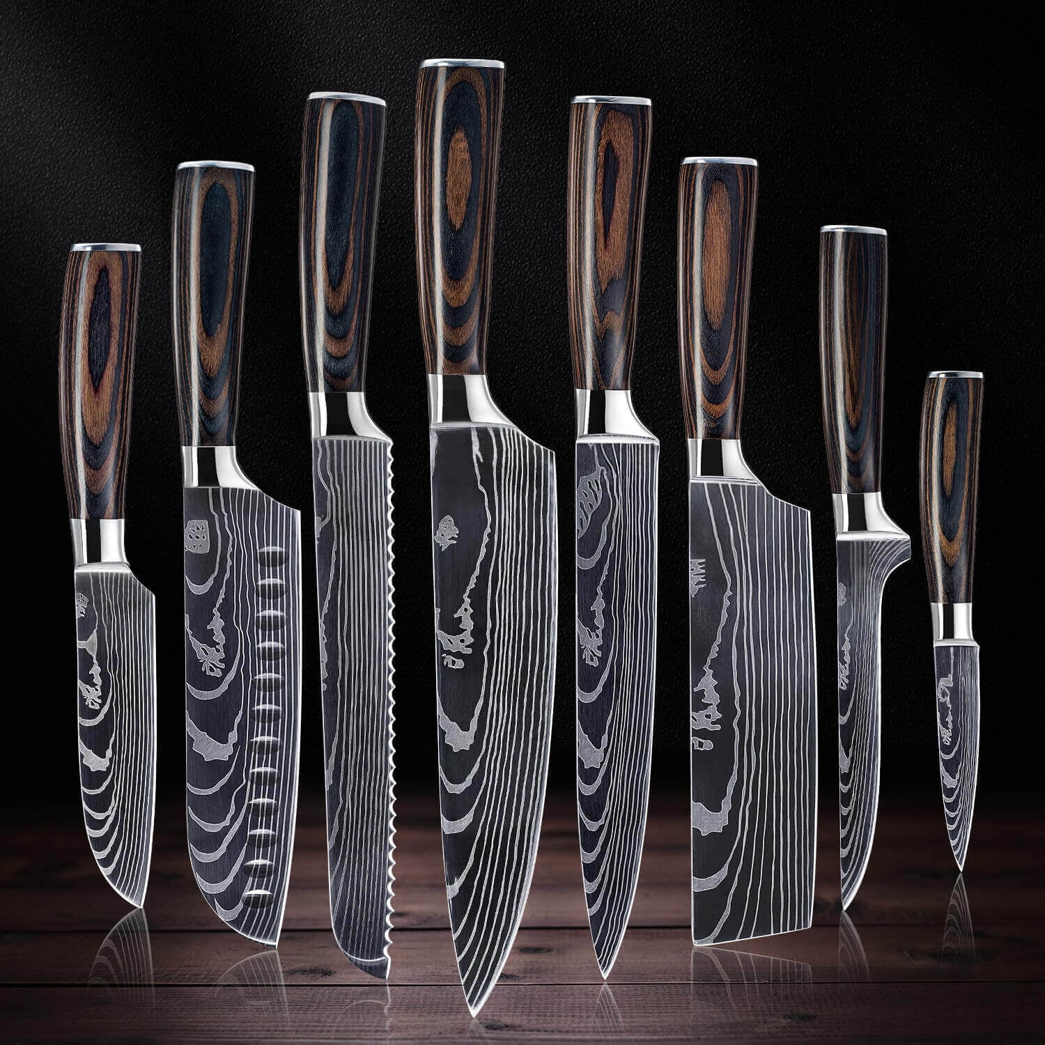 Senken Knives Senken Knives Complete 8-Piece Japanese Kitchen Knife Set With Damascus Pattern - The Imperial Collection - Japanese Chef Knife Set with Smooth Wooden Handles - Ultra Sharp for Fast Cutting
