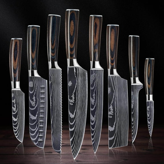 8-piece Premium Japanese Kitchen Knife Set with Laser Damascus Pattern - Imperial Collection - Chef's Knife, Paring Knife, Bread Knife & More