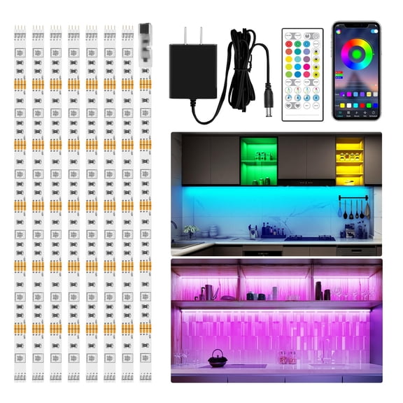 8-piece RGB cabinet bottom light strip set, supports application and remote control, music synchronized color changing LED lights, plug-in light strip, suitable for cabinets, counters, Christmas deco