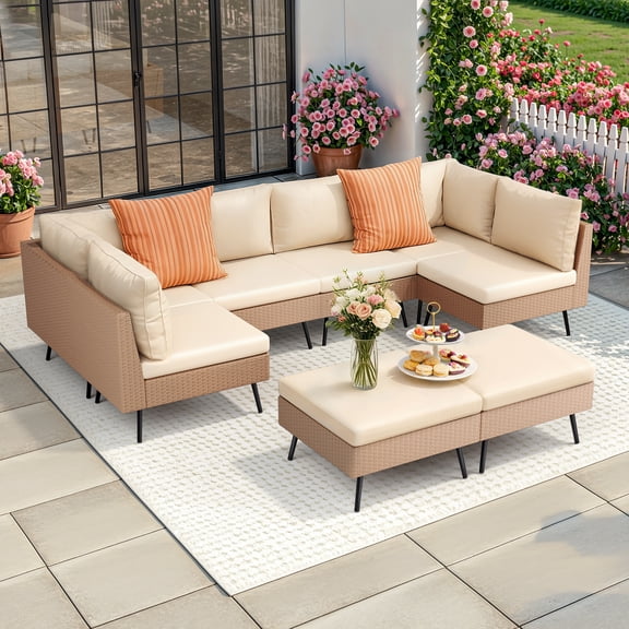 8-piece Wicker Outdoor Furniture Set With Thick Cushions & 2 Multi-use Ottomans