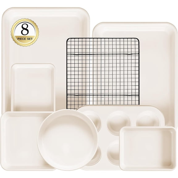 8-piece non-stick baking pan set - stackable kitchen baking utensil set, including carbon steel baking pan, baking sheet, cake pan, cupcake pan, cooling rack, baking essentials