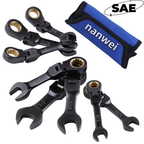8-piece set of short double-headed dual-purpose ratchet combination wrenches, SAE 5/16 - 3/4 inches, 72 teeth, CRV, blackened nickel plating, with rolling bag. Ideal choice for automotive, industrial