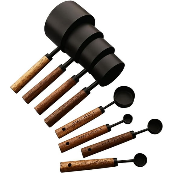 8 pieces Black Measuring Cups Set and Measuring Spoons Set with Scale, Wooden Handle Stainless Steel Dry & Liquid Measuring Cup for Cooking Baking