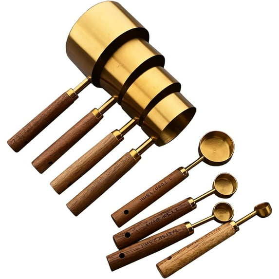 8 pieces Golden Measuring Cups Set and Measuring Spoons Set with Scale, Wooden Handle Stainless Steel Dry & Liquid Measuring Cup for Cooking Baking