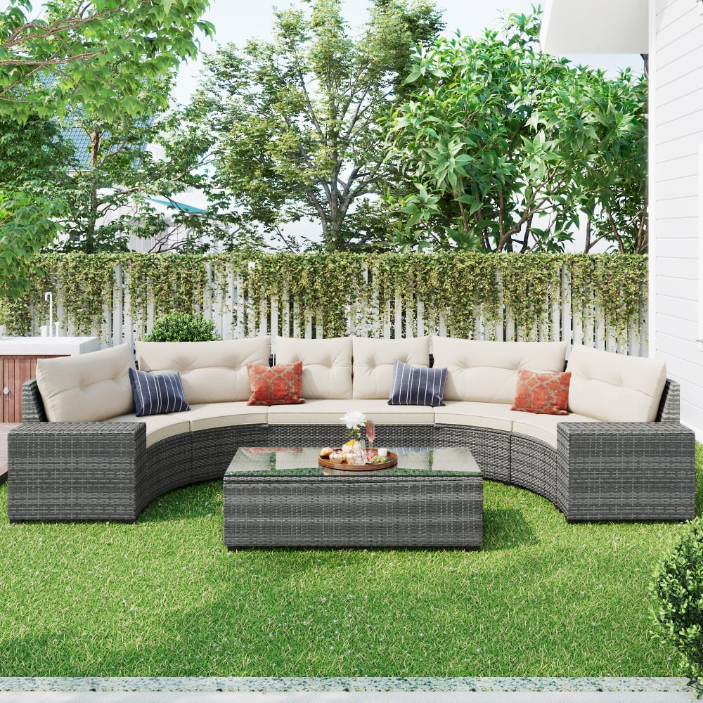 8pieces Outdoor Wicker Round Sofa Set, All Weather HalfMoon Sectional Sets, Curved Sofa Set