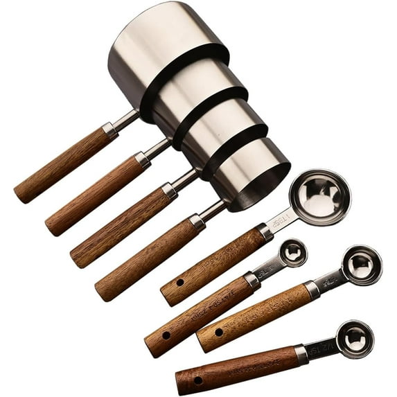 8 pieces Silvery Measuring Cups Set and Measuring Spoons Set with Scale, Wooden Handle Stainless Steel Dry & Liquid Measuring Cup for Cooking Baking