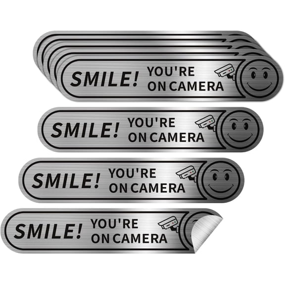8 pieces Smile You're On Camera Stickers for Cars, Brushed Silver 24 Hour Video Surveillance Sign Sticker,5inx1in