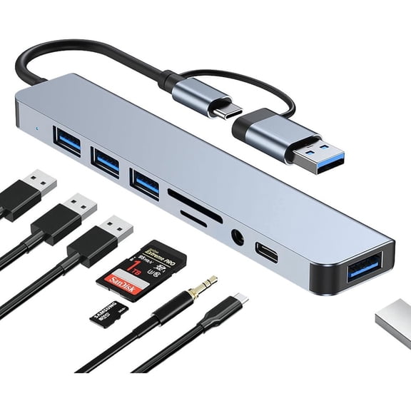 8-port USB hub, C-type interface hub, supporting USB 3.0 and USB 2.0, with Micro SD/TF card reader, microphone/audio interface, suitable for laptops, MacBook Pro, iMac, and other USB-C and USB device