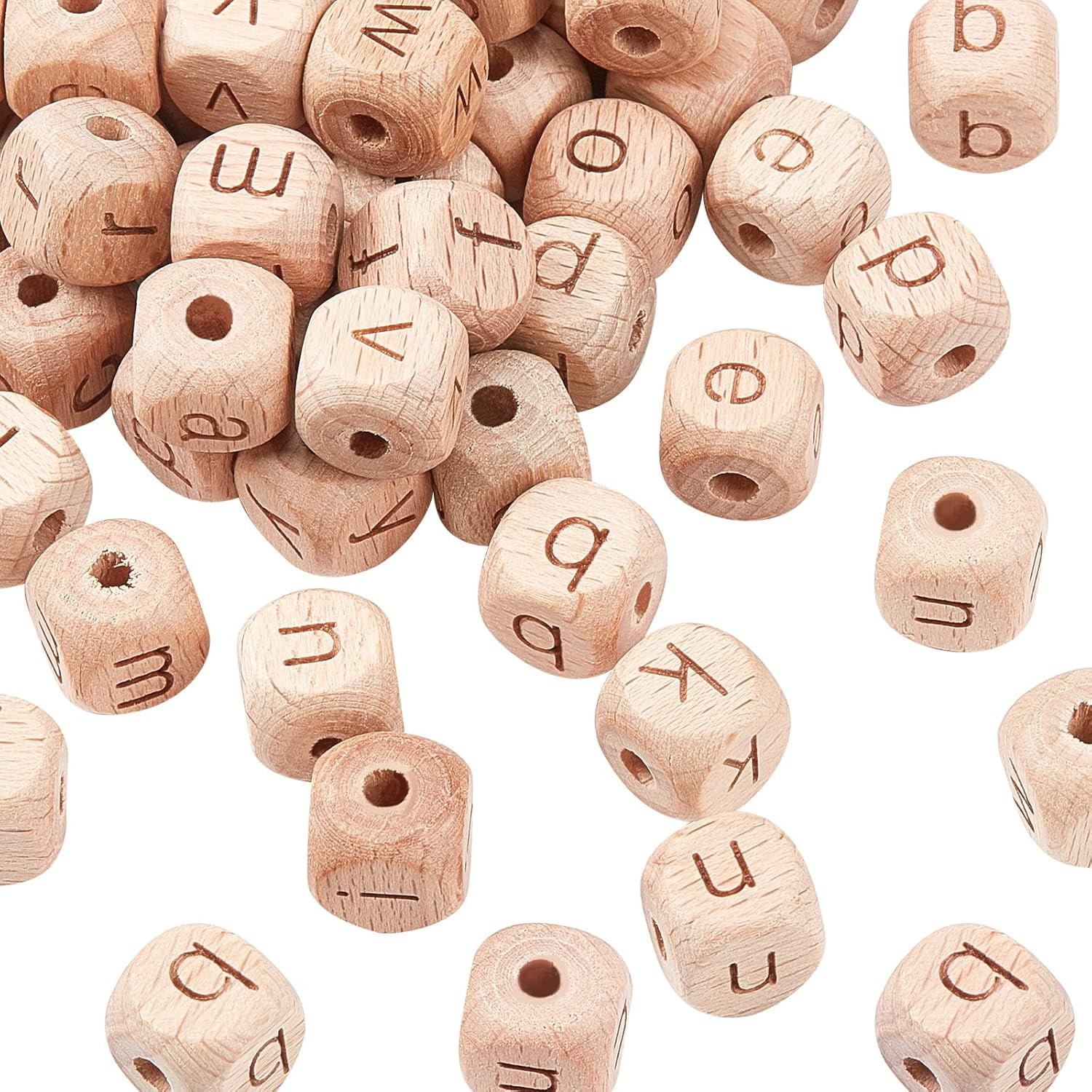 8 set Natural Wood Beads Cube with Letter Square Sienna 12x12x12mm Hole: 3mm Beech Wood