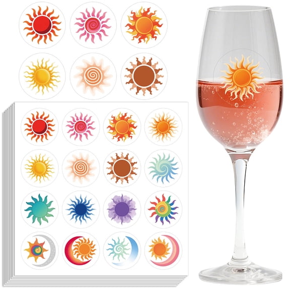 8 sheets 128 Pcs Sun Moon Static Clings Reusable Stickers Rainbow Sun Removable Glass Drink Markers Solar Wine Stickers