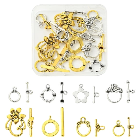8 styles Tibetan style Alloy Toggle Clasps Mixed Shapes Antique Silver & Antique Golden Ring: 15~28x11~20mm Bar: 16~30x3~9mm Hole: 2~2.5mm 2sets/style