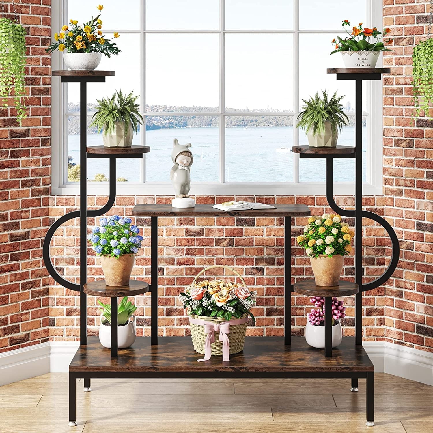 Large Brown Metal and Wood 8-Tier Plant Stand