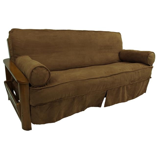 Saddle Brown Microsuede Full Futon Slipcover Set with Bolster Pillows