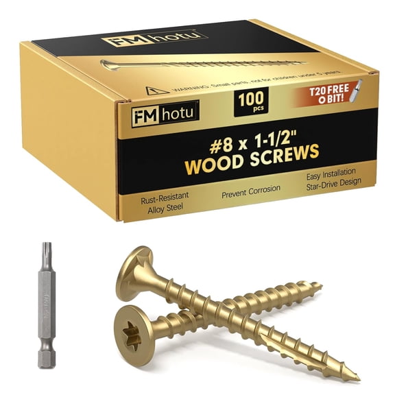 #8 x 1-1/2 Deck Screws, 100Pcs Star Drive Wood Screws, Rust Resistant Timber Screws for Timber/Log/Landscaping Wood, T20 Star Bit Included, Gold