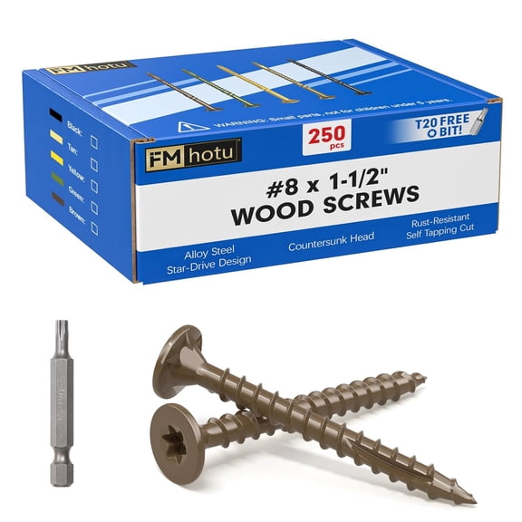 #8 x 1-1/2 Deck Screws, 250Pcs Star Drive Wood Screws, Rust Resistant Timber Screws for Timber/Log/Landscaping Wood, T20 Star Bit Included, Brown