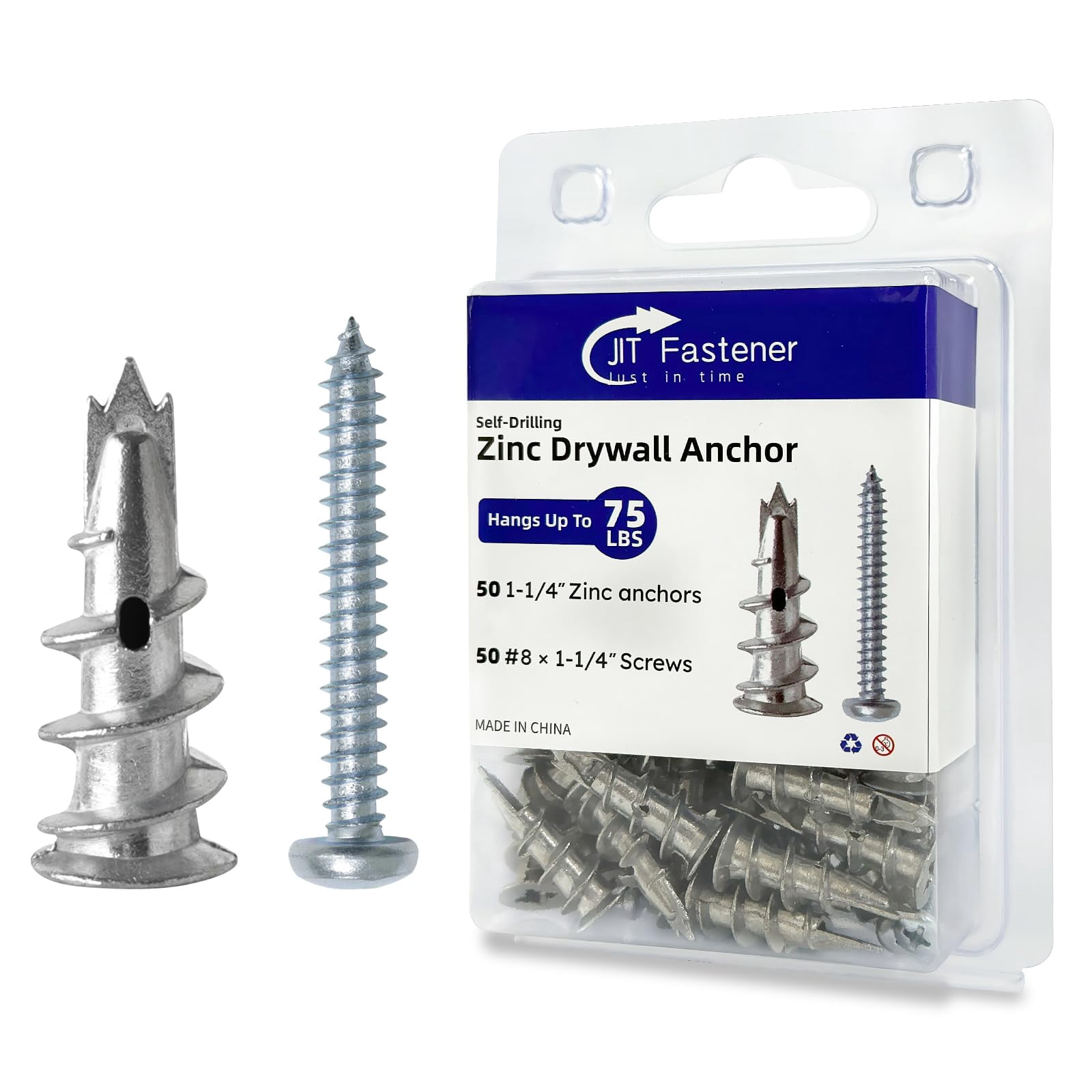 #8 x 1-1/2" Nylon Self-Drilling Drywall Anchors with Screws (100 Anchors+100 Screws), No Pre Drill Hole Required, Hold Up to 75 Lbs