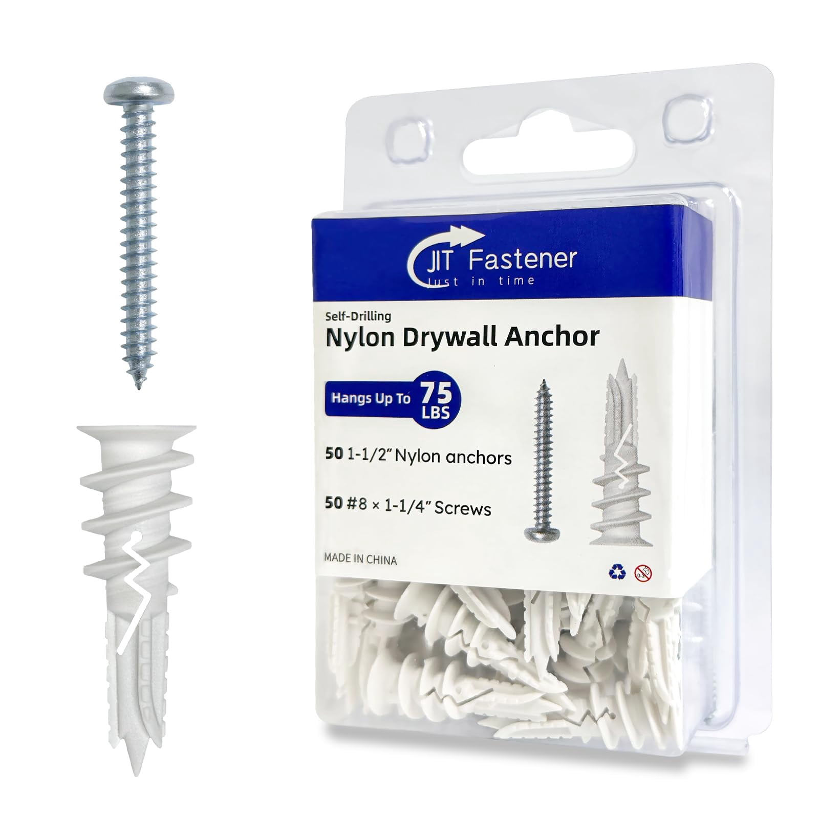 #8 x 1-1/2" Nylon Self-Drilling Drywall Anchors with Screws (100 Anchors+100 Screws), No Pre Drill Hole Required, Hold Up to 75 Lbs