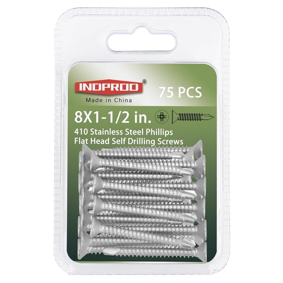 #8 x 1-1/2" Self Drilling Screws, Stainless Steel 410, Flat Head Phillips Wood Screw, Self Tapping Sheet Metal Wood Screws,Tek Screw, #8 x 1-1/2-Inch, 75 Pcs