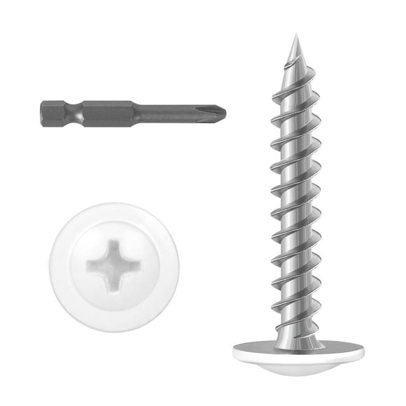 #8 x 1-1/4" (100 PCS) Modified Truss Head Wood Screws, Phillips Drive Quick Metal Self Tapping Screws, Carbon Steel, White Head, Full Thread, Screwdriver Bit Included
