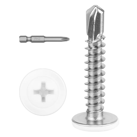 #8 x 1 (100 PCS) White Head Fast Self Tapping Screws, Modified Truss Head Self Drilling Screw, Phillips Drive Sheet Metal Screws, Carbon Steel, Full Thread, Screwdriver Bit Included