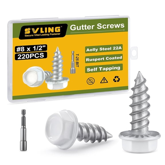 #8 x 1/2" Self Tapping Gutter Screws, 220PCS White Painted Hex Head Sheet Metal Screws Sliver Thread Ruspert Coating Finish, 1/4" Hex Bit Socket Included