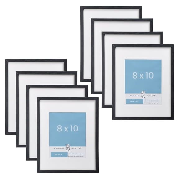 Studio Decor 8" x 10" Black Narrow Belmont Frames with Mat - Rustic MDF Frames with White Mat & Glass/Styrene Fronts, Horizontal or Vertical Display, 8 Pack