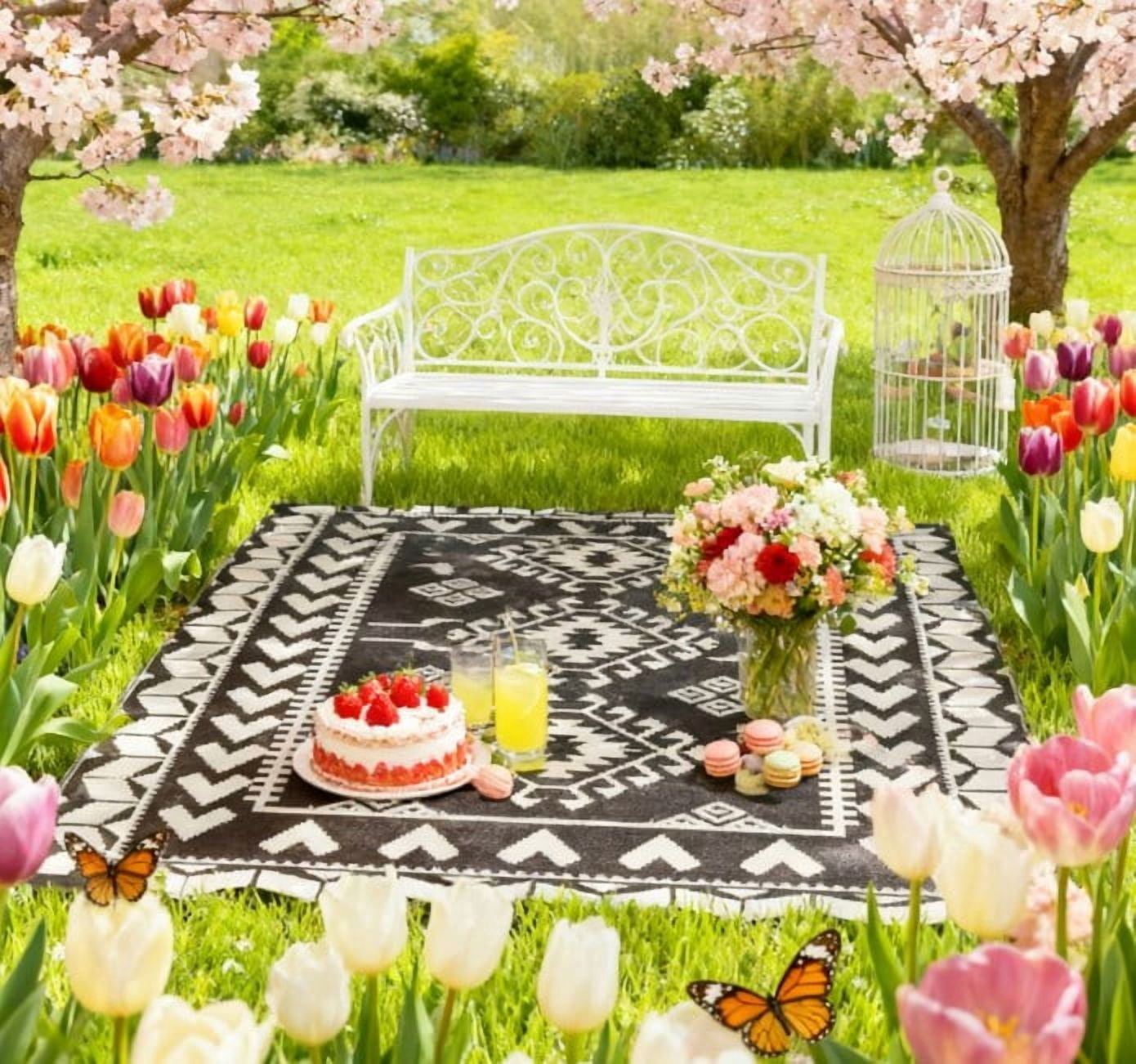 8' x 10' Black & White Rhombus Patchwork Reversible Outdoor Rug, Waterproof Patio Camping Mat with Carry Bag, Foldable Portable Indoor Outdoor RV Carpet