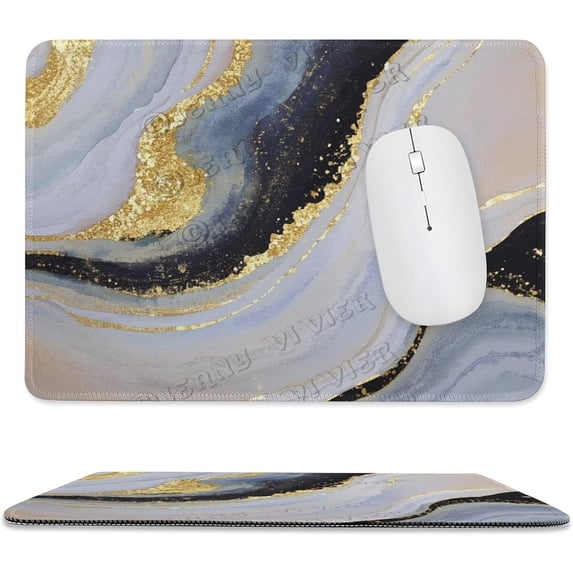 8" x 10" Black and Golden Marble Mouse Pad, Non-Slip Base, Stitched Edge for Computer Use