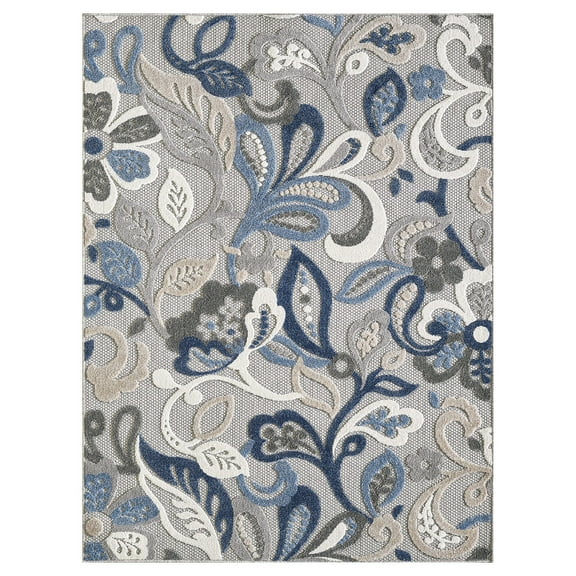 8 x 10 Blue Gray Jacobean Floral Indoor Outdoor Area Rug