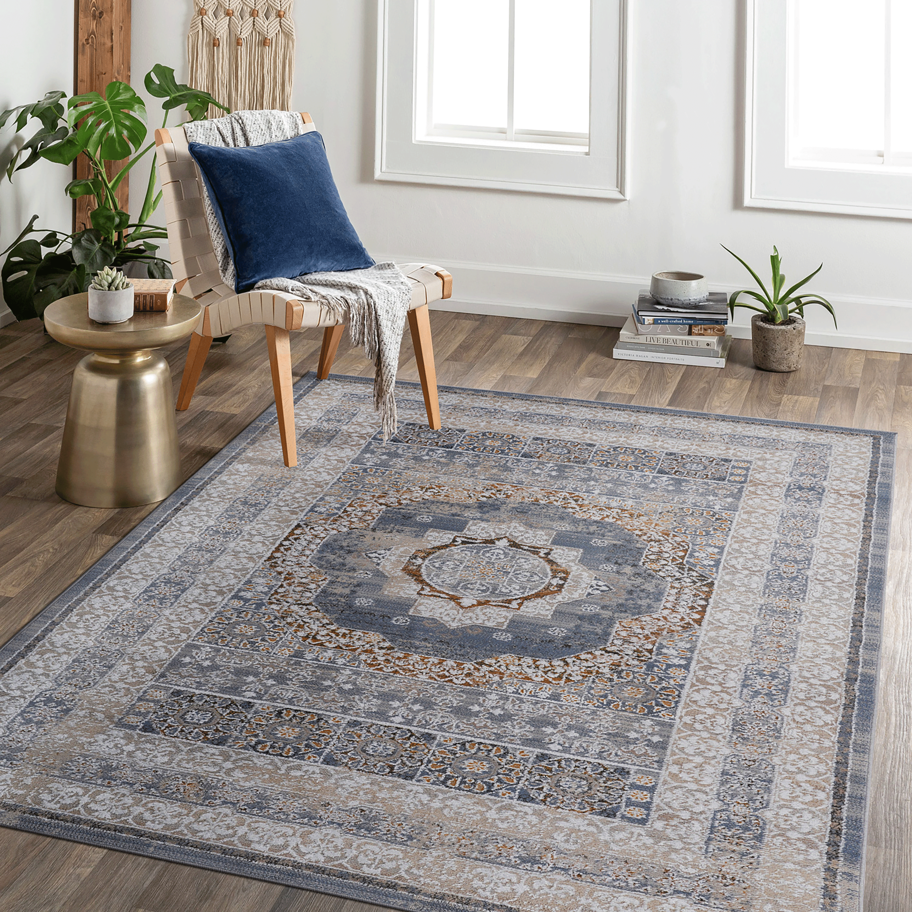 8' x 10' Blue Ivory Medallion Area Rug Non-Shedding Stain Resistant Medium Pile Carpet for Living Room Bedroom Dining Room Home Office Entryway