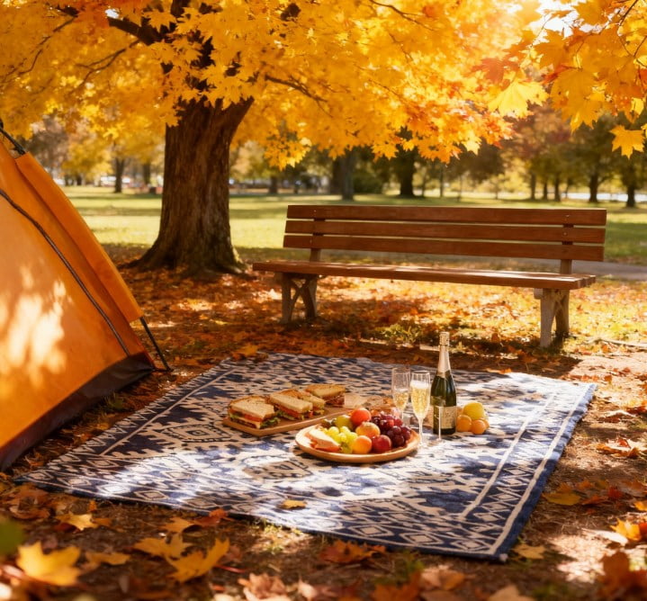 8' x 10' Blue & White Rhombus Border Reversible Outdoor Rug, Waterproof Patio Camping Mat with Carry Bag, Foldable Portable RV Carpet