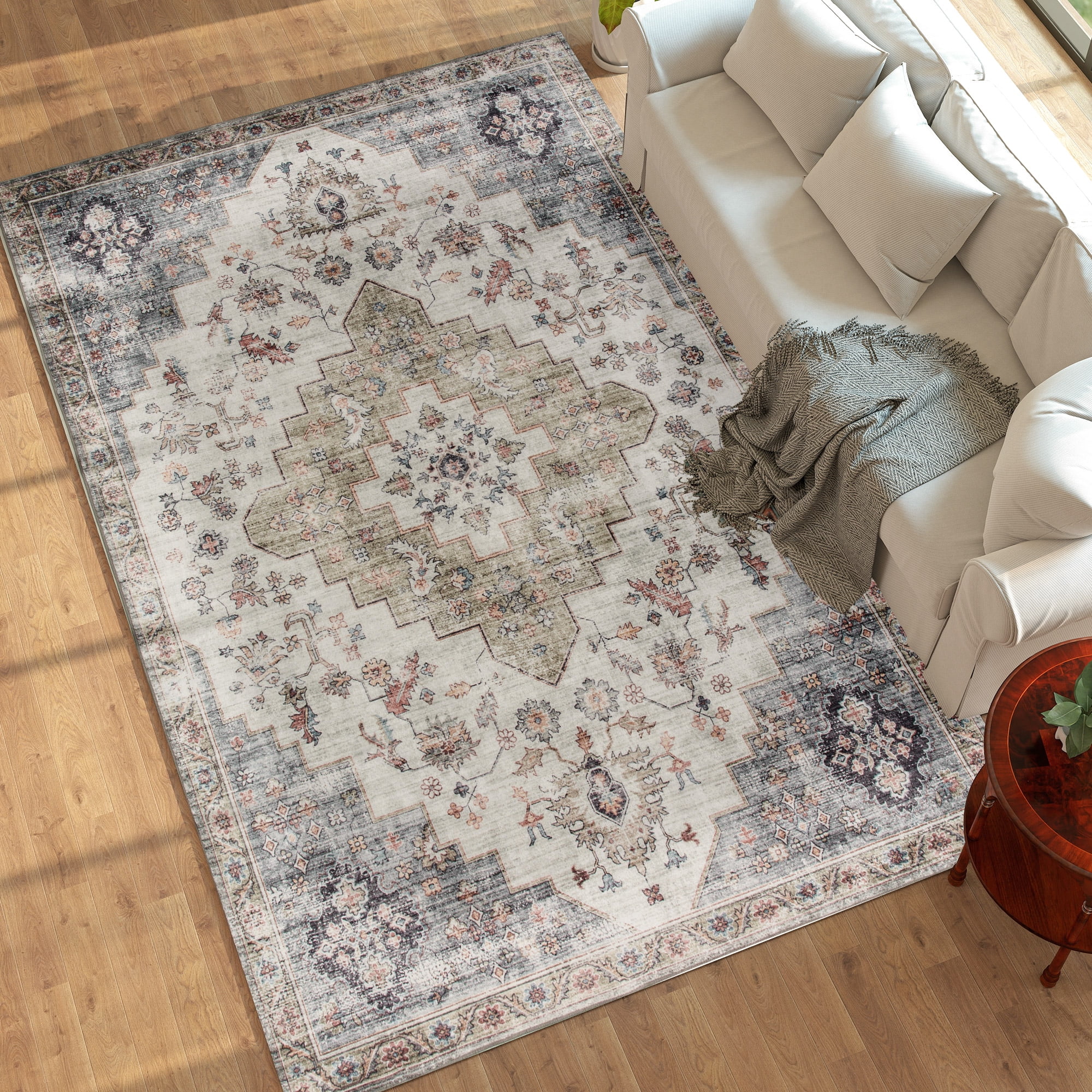 8' x 10' Brown & Green Flannel Faux Fur Area Rug with Intricate Stitched Edges & Anti-Slip TPR Backing, Pet-Friendly Soft Floor Carpet for High Traffic Living Room, Hallway